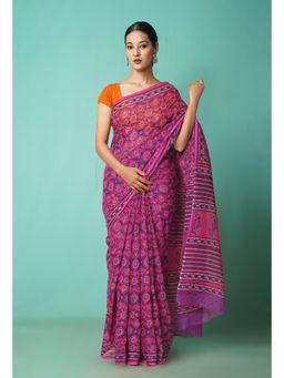 Unnati Silks - Pink Pure Hand Block Printed Kota Saree with Unstitched Blouse-Unm81548