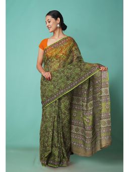 Unnati Silks - Green Pure Hand Block Printed Kota Saree with Unstitched Blouse-Unm81549