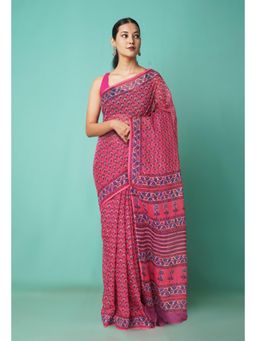 Unnati Silks - Pink Pure Hand Block Printed Kota Saree with Unstitched Blouse-Unm81550