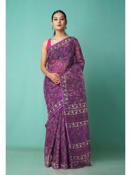 Unnati Silks - Purple Pure Hand Block Printed Kota Saree with Unstitched Blouse-Unm81551