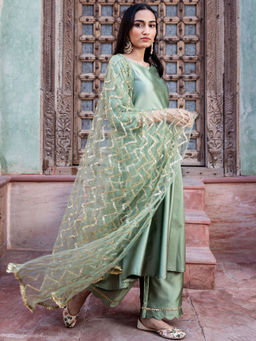Empress Pitara - Mint Green Silk Flare Kurta And Palazzo With Dupatta (Set of 3)