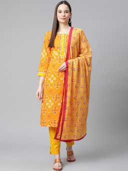 Jompers - Women Yellow Leheriya Printed Regular Cotton Kurta with Trousers & Dupatta (Set of 3)