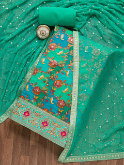 Koskii - Rama Green Stonework Banarasi Silk Unstitched Salwar Suit (Set of 3)