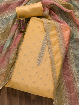 Koskii - Yellow Zari Work Organza Unstitched Salwar Suit (Set of 3)