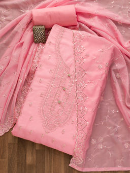 Koskii - Pink Stonework Tissue Unstitched Salwar Suit (Set of 3)