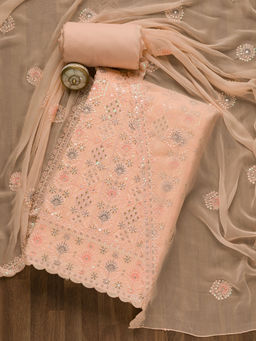 Koskii - Peach Threadwork Georgette Unstitched Salwar Suit (Set of 3)