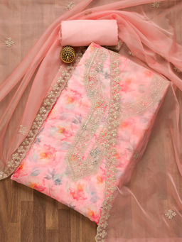 Koskii - Pink Printed Tissue Unstitched Salwar Suit (Set of 3)