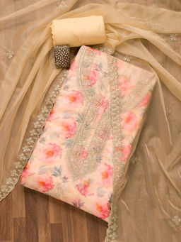 Koskii - Yellow Printed Tissue Unstitched Salwar Suit (Set of 3)