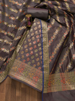 Koskii - Dark Grey Zari Work Banarasi Unstitched Salwar Suit (Set of 3)