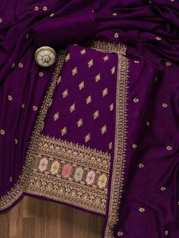 Koskii - Purple Zari Work Raw Silk Unstitched Salwar Suit (Set of 3)
