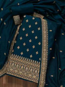 Koskii - Peacock Blue Zari Work Raw Silk Unstitched Salwar Suit (Set of 3)