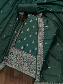 Koskii - Bottle Green Zari Work Raw Silk Unstitched Salwar Suit (Set of 3)