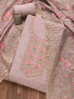 Koskii - Mauve Threadwork Semi Crepe Unstitched Salwar Suit (Set of 3)