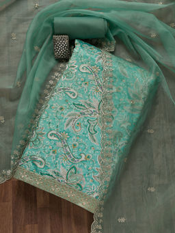 Koskii - Sea Green Printed Semi Crepe Unstitched Salwar Suit (Set of 3)
