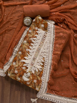 Koskii - Brown Threadwork Georgette Unstitched Salwar Suit (Set of 3)