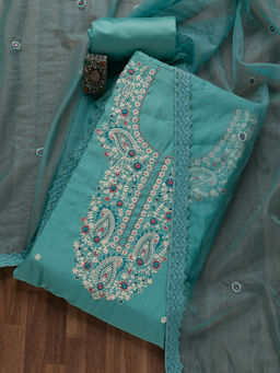 Koskii - Blue Threadwork Crepe Unstitched Salwar Suit (Set of 3)