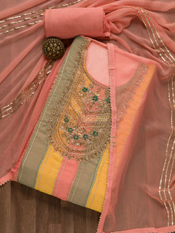 Koskii - Peach Beads and Stones Organza Unstitched Salwar Suit (Set of 3)