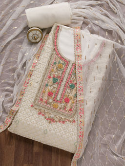 Koskii - Off White Beads and Stones Georgette Unstitched Salwar Suit (Set of 3)