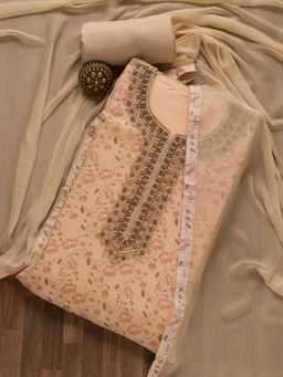 Koskii - Beige Printed Organza Unstitched Salwar Suit (Set of 3)