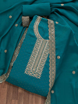 Koskii - Teal Blue Zariwork Semi Crepe Unstitched Salwar Suit (Set of 3)