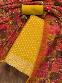 Koskii - Mustard Embellished Banarasi Unstitched Salwar Suit (Set of 3)