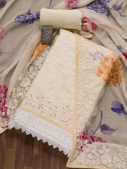 Koskii - Cream Embellished Organza Unstitched Salwar Suit (Set of 3)