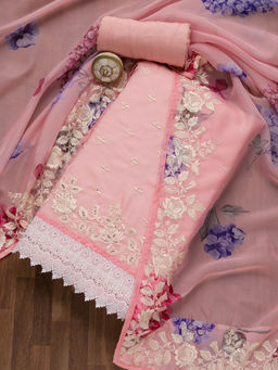 Koskii - Pink Embellished Organza Unstitched Salwar Suit (Set of 3)