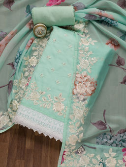 Koskii - Sea Green Embellished Organza Unstitched Salwar Suit (Set of 3)