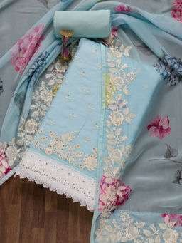 Koskii - Sky Blue Embellished Organza Unstitched Salwar Suit (Set of 3)