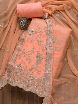 Koskii - Peach Silver Zariwork Tissue Unstitched Salwar Suit (Set of 3)