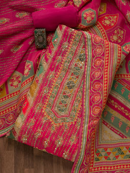 Koskii - Rani Pink Printed Tissue Unstitched Salwar Suit (Set of 3)