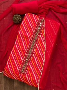 Koskii - Red Mirror Work Bandini Unstitched Salwar Suit (Set of 3)