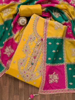 Koskii - Yellow Zariwork Semi Crepe Unstitched Salwar Suit (Set of 3)