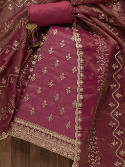 Koskii - Onion Pink Zariwork Shimmer Georgette Unstitched Salwar Suit (Set of 3)