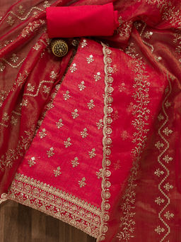 Koskii - Red Zariwork Shimmer Georgette Unstitched Salwar Suit (Set of 3)