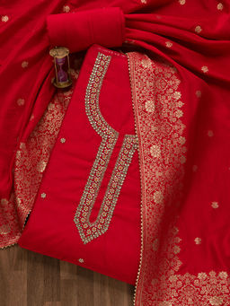 Koskii - Red Embellished Silk Unstitched Salwar Suit (Set of 3)