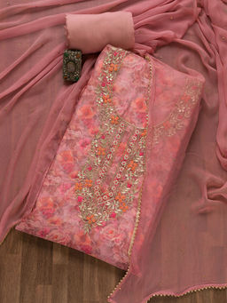 Koskii - Onion Pink Printed Organza Unstitched Salwar Suit (Set of 3)