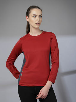 CHKOKKO - Womens Full Sleeve Dry Fit Gym T-Shirt, Breathable Mesh Workout Top Maroon