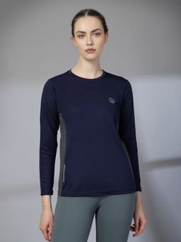 CHKOKKO - Womens Full Sleeve Dry Fit Gym T-Shirt, Breathable Mesh Workout Top Navy Blue