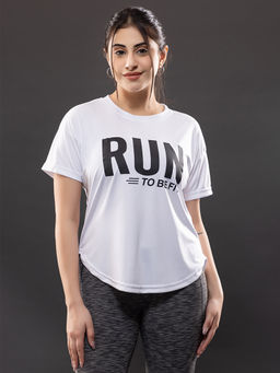 CHKOKKO - Womens Round Neck Typography Apple Cut T Shirt Breathable White