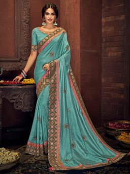 Odette - Blue Tussar Silk Designer Saree with Unstitched Blouse
