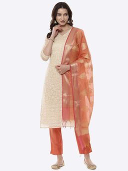 Biba - Beige Cotton Silkchanderi Unstitched Suit Set (Set of 3)