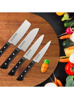 Kai India - Stainless Steel Nakiri Knife Santoku Knife Utility Knife & Serrated Knife With Sharpener