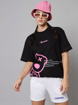 Griffel - Women Teddy Print Loose fit Black T-shirt