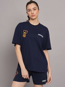 Griffel - Women Printed Oversized Fit Yellow Teddy Navy T-shirt