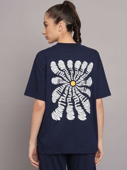 Griffel - Women Printed Oversized Fit Navy T-shirt