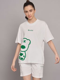 Griffel - Women Folk Green Teddy Oversized White T-shirt