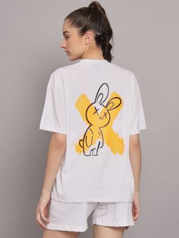 Griffel - Women Cross Bunny Drop Shoulder Oversized White T-shirt
