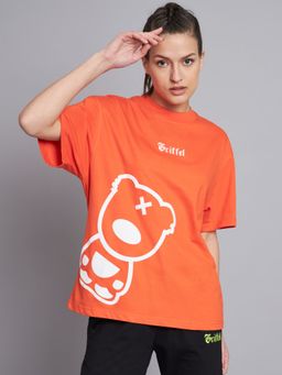Griffel - Women FLOCK TEDDY Oversized Neon Orange T-shirt