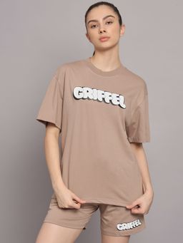 Griffel - Women Printed Oversized Loose fit Beige T-shirt and Shorts (Set of 2)